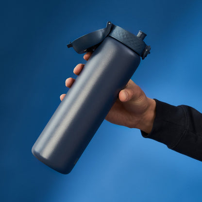 W/end Navy 1L stainless steel thermal water bottle with flip-top lid for leak-proof hydration.
