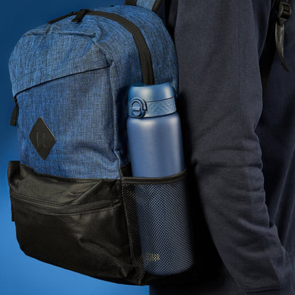 W/end Navy 1L stainless steel thermal water bottle with flip-top lid in backpack side pocket.