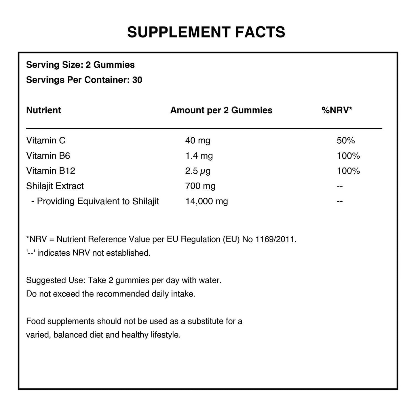 W/end Shilajit Gummies, Forest Berry flavour, supplement facts label detailing 14,000mg Shilajit extract, Vitamins B12, B6, and C.