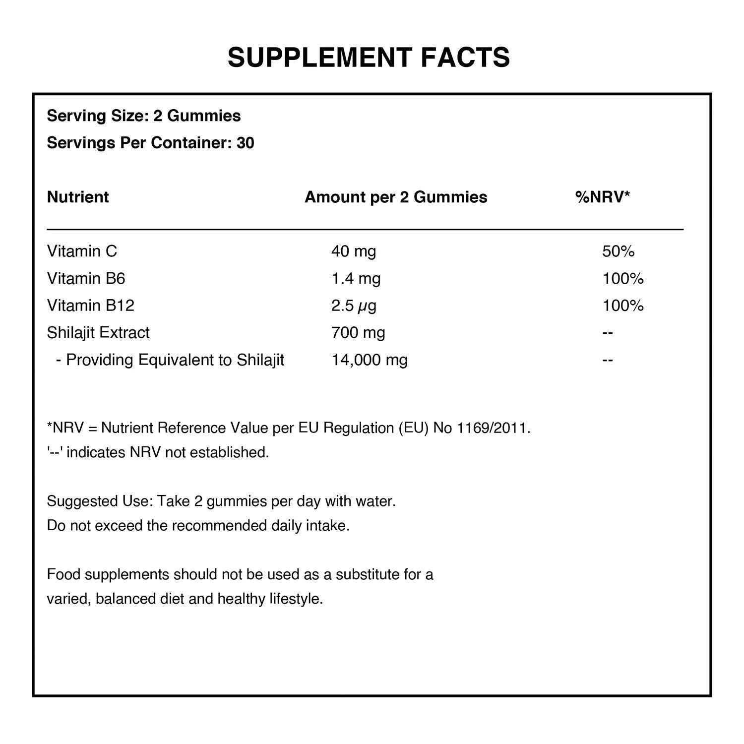 W/end Shilajit Gummies, Forest Berry flavour, supplement facts label detailing 14,000mg Shilajit extract, Vitamins B12, B6, and C.