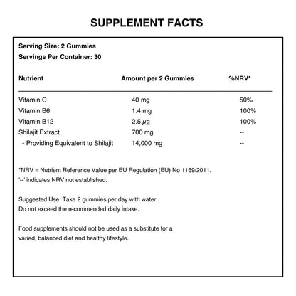 W/end Shilajit Gummies, Forest Berry flavour, supplement facts label detailing 14,000mg Shilajit extract, Vitamins B12, B6, and C.